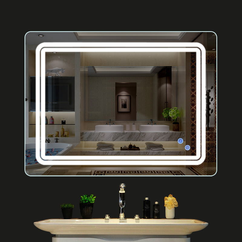 Front-lit LED bathroom mirror side view for face illumination