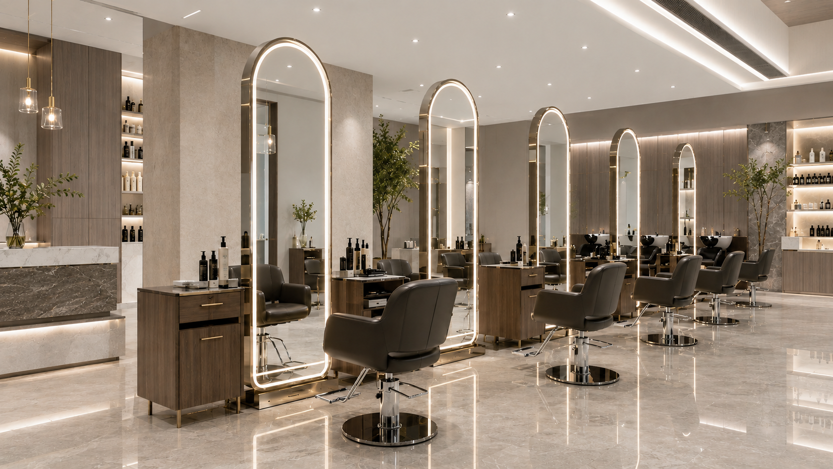 Salon arched LED mirror station concept with warm vanity lighting