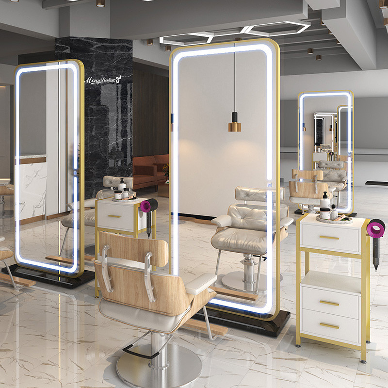Salon standing LED mirrors for beauty and styling stations