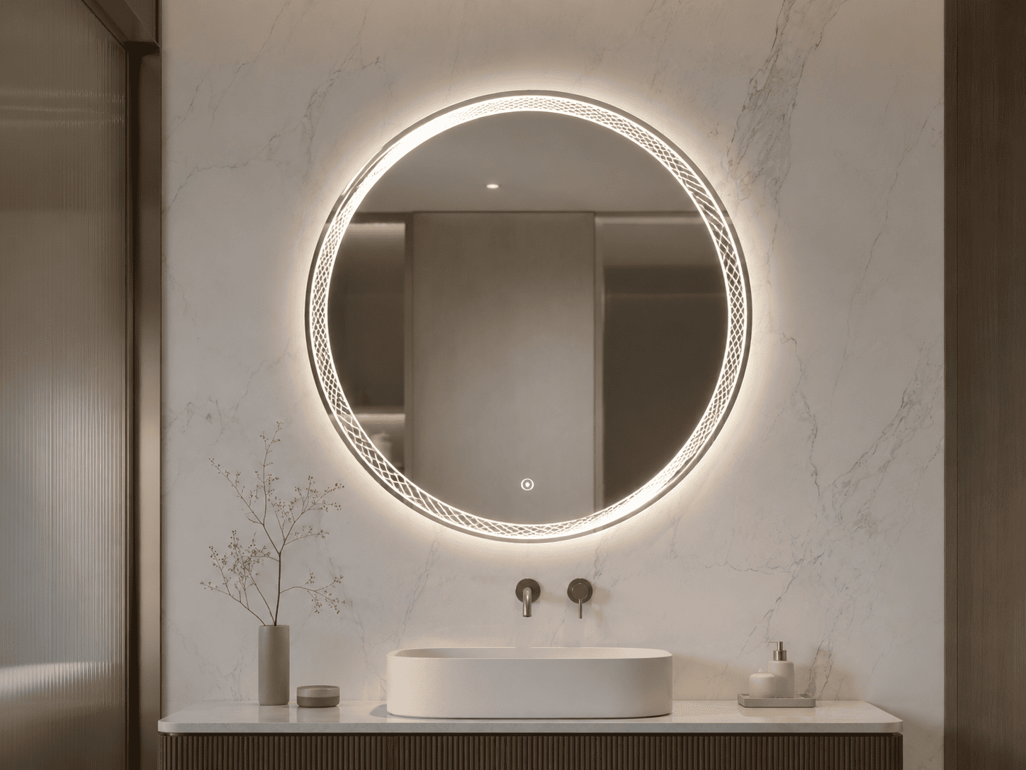 Custom round LED bathroom mirror with decorative lighting design for project specification and bathroom supply