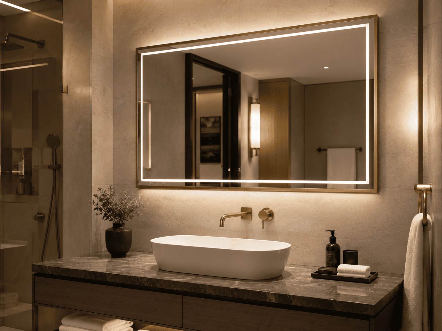 Framed rectangular LED bathroom mirror with backlit illumination in a hotel-style bathroom