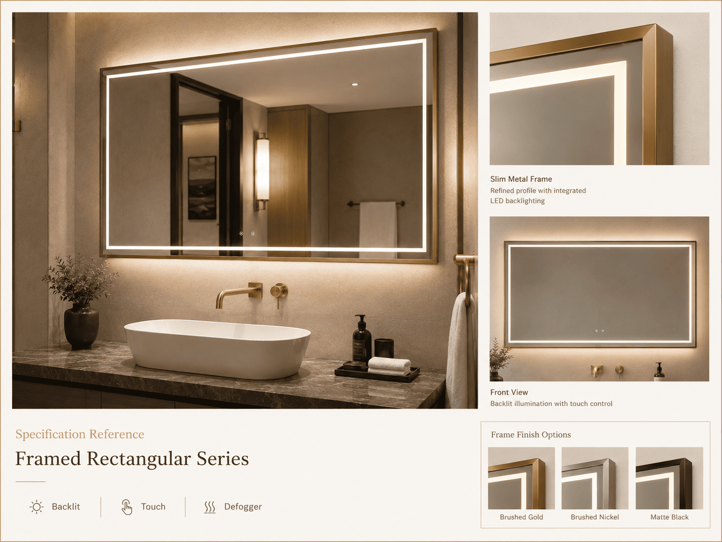 Technical reference sheet for framed rectangular LED bathroom mirror series