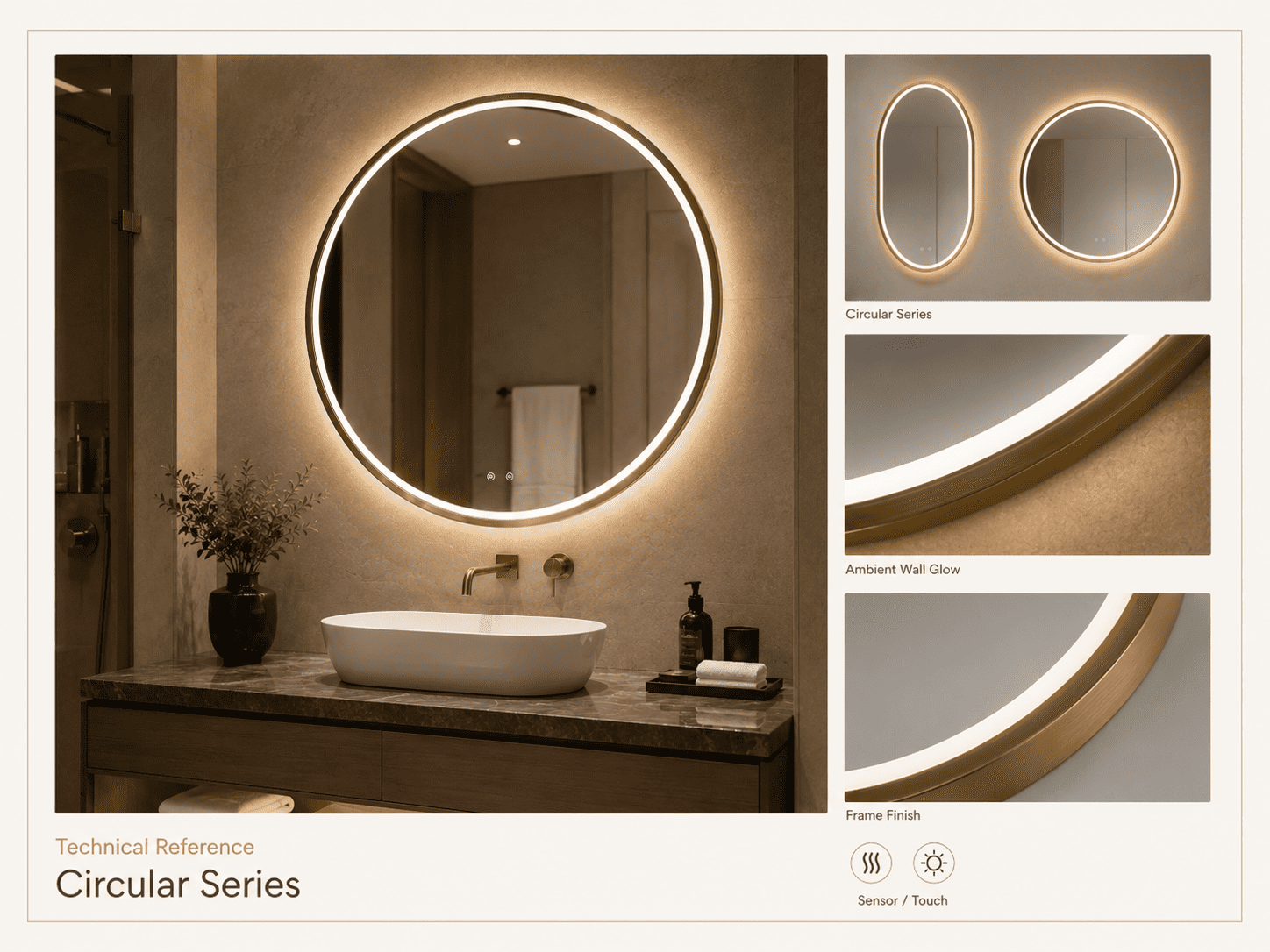 Technical reference sheet for circular LED bathroom mirror series