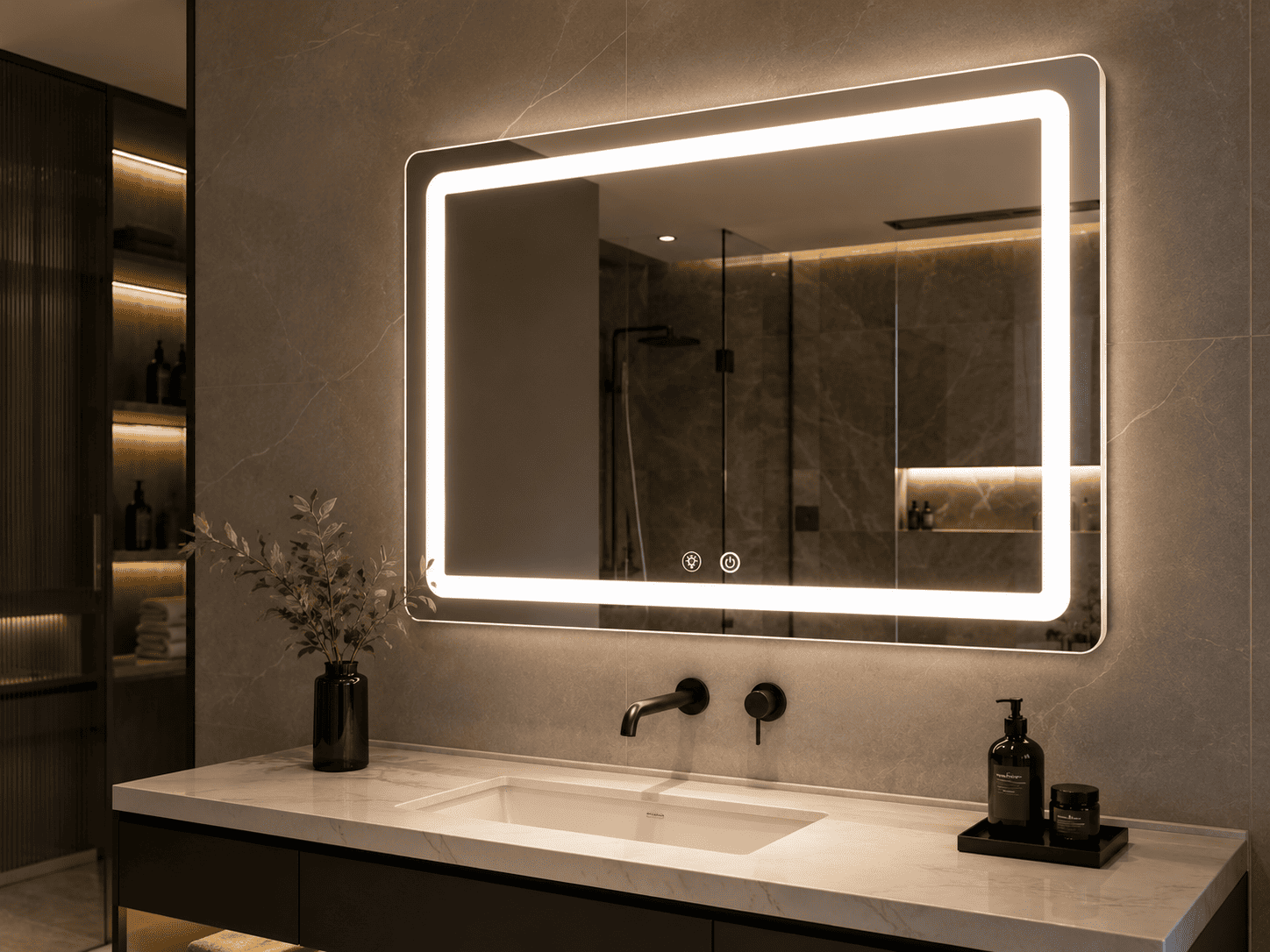 Front-lit rectangular LED bathroom mirror with touch control in a modern hotel bathroom