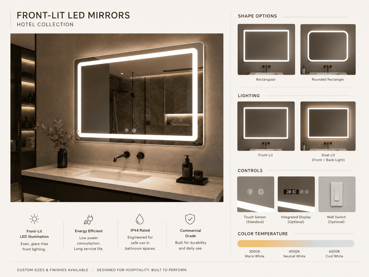 Front-lit LED bathroom mirror reference image used for project specification and feature comparison
