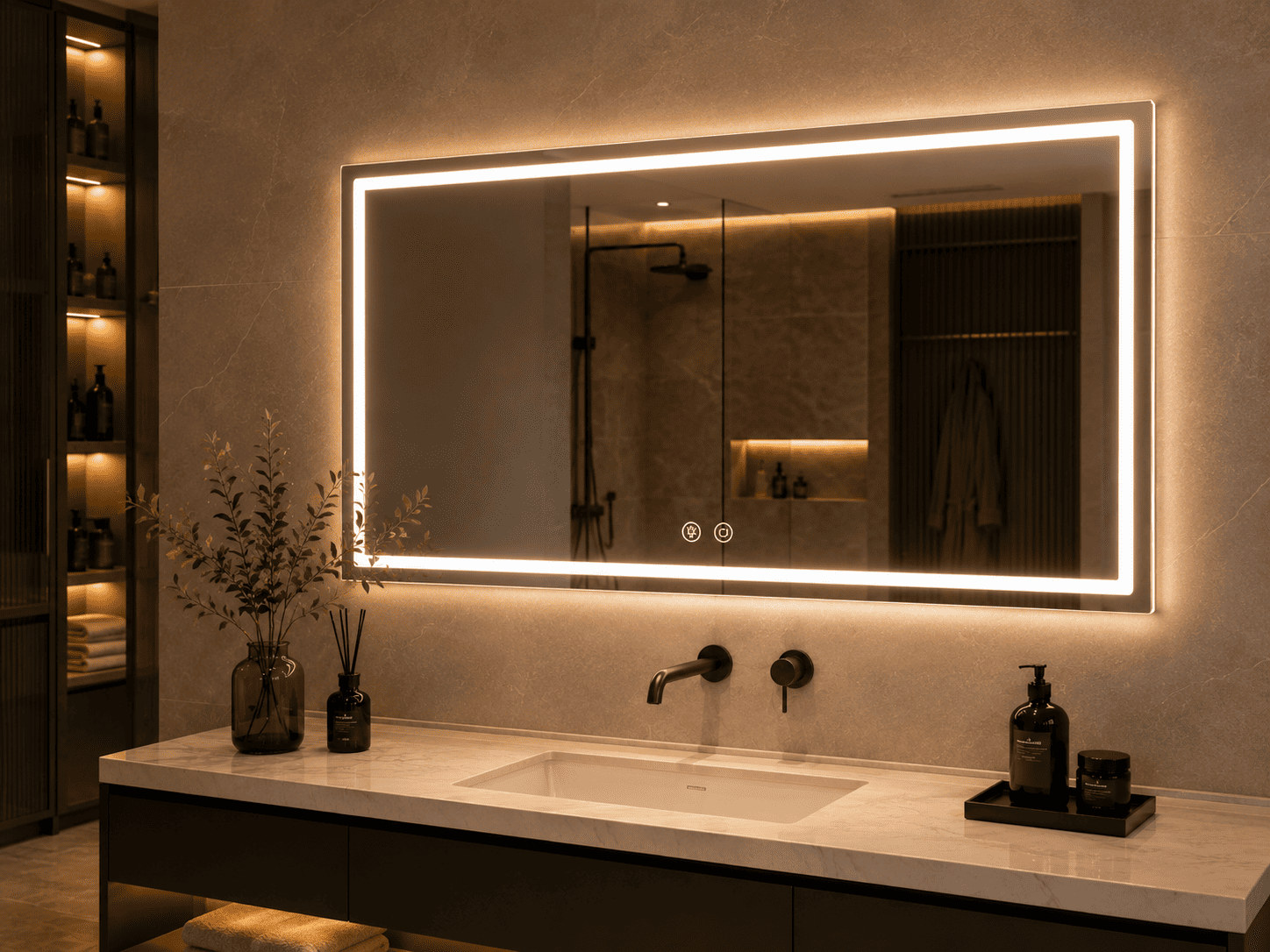 Front-lit LED bathroom mirror with warm lighting for hotel and apartment bathroom projects