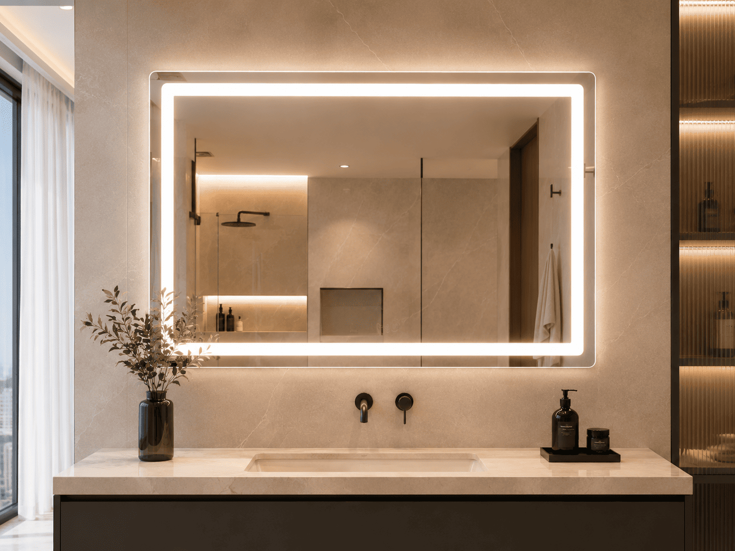 Rectangular front-lit LED mirror installed above vanity in a bright modern bathroom