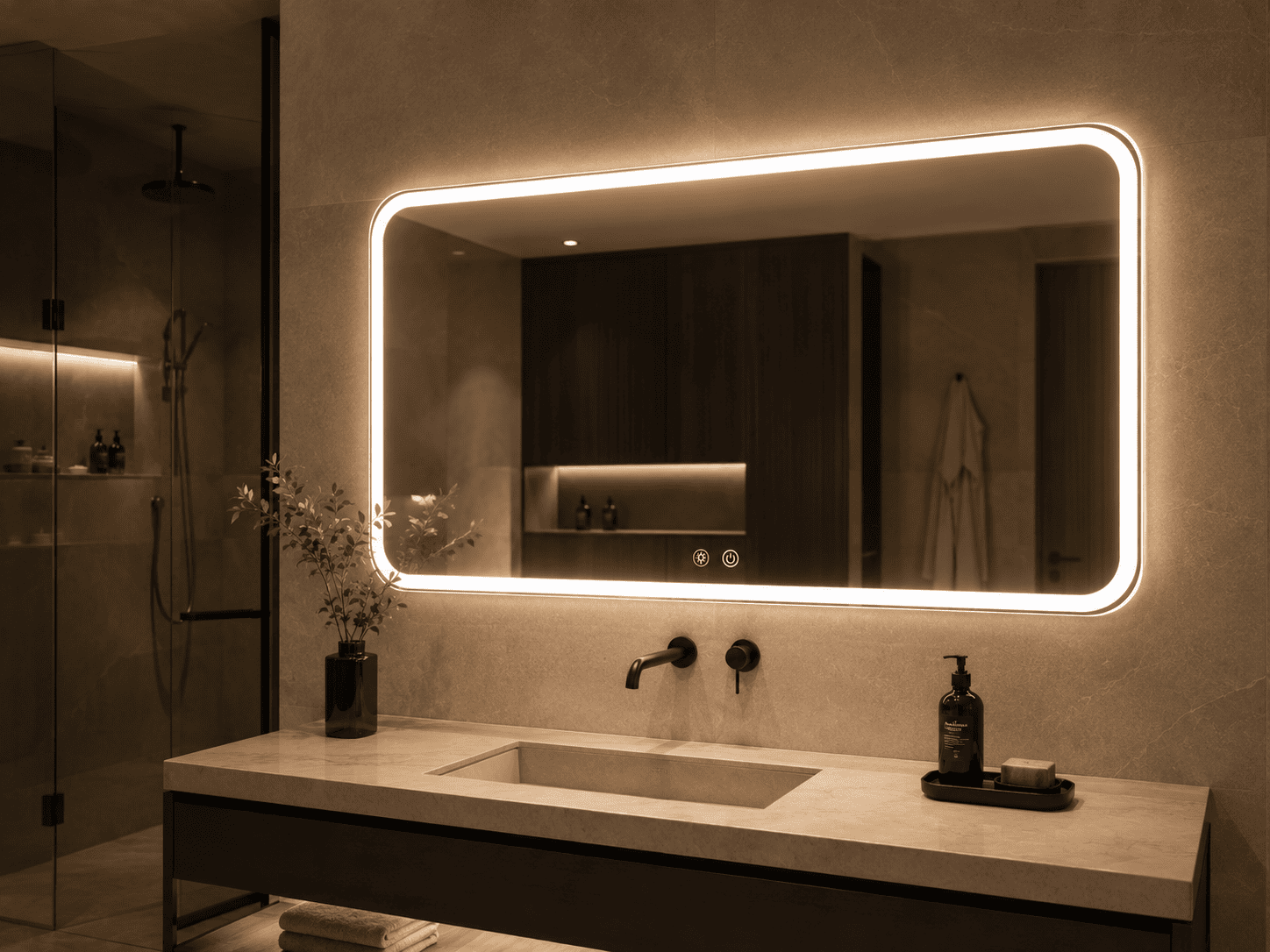 Rounded rectangular front-lit LED bathroom mirror with ambient backlight for hospitality projects