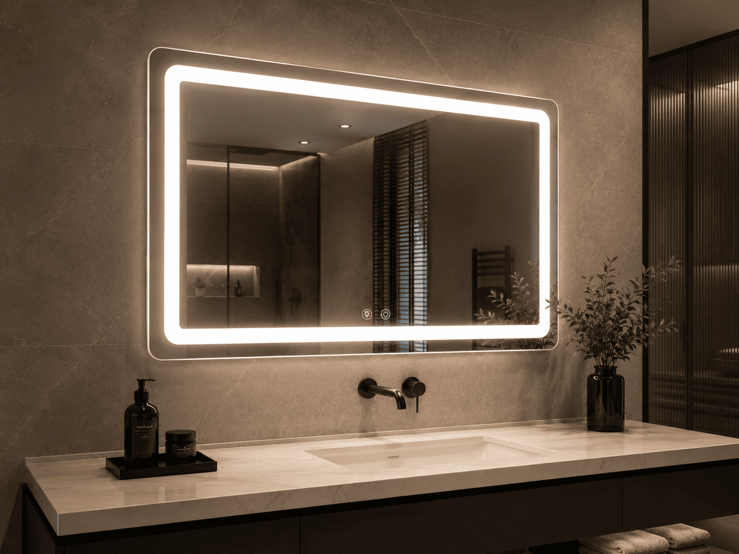 Large rectangular LED bathroom mirror with front light and backlit wall glow in luxury bathroom