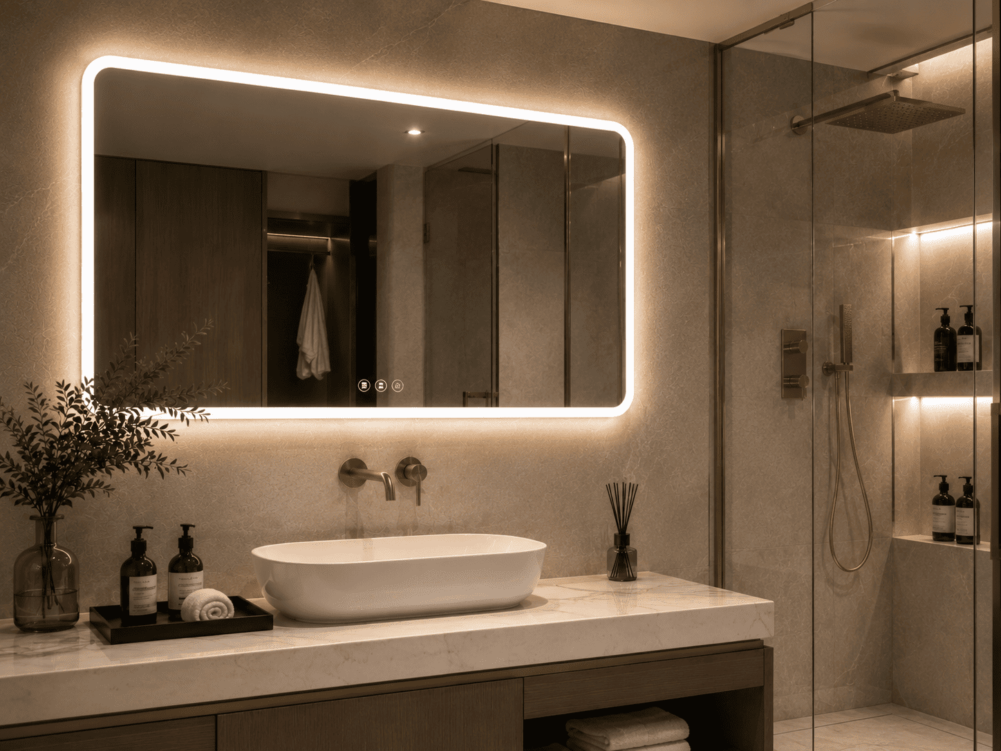 Rectangular LED bathroom mirror with warm backlit glow in a modern hotel bathroom