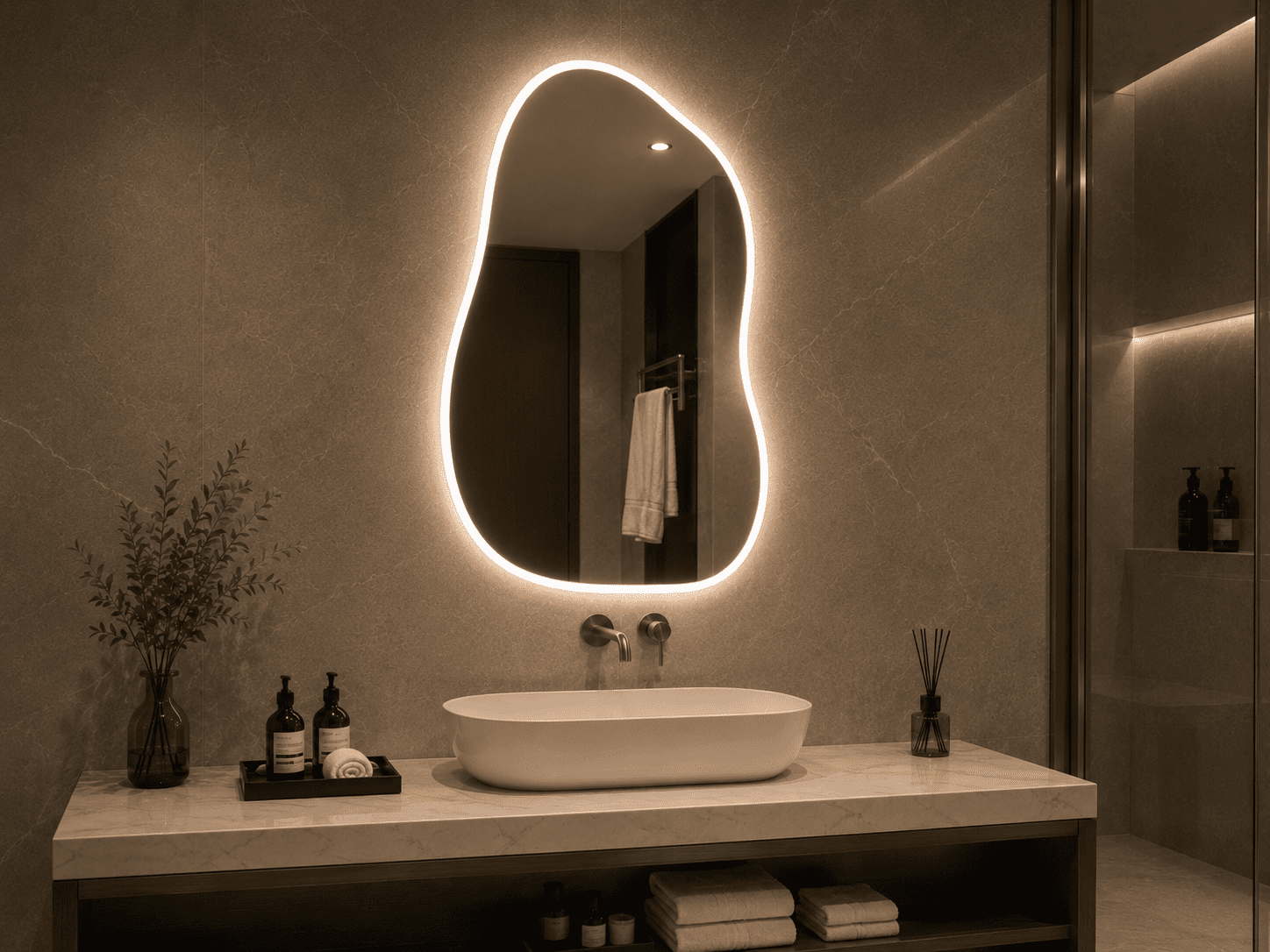 Vertical rounded LED bathroom mirror above vanity for hotel and apartment bathroom projects