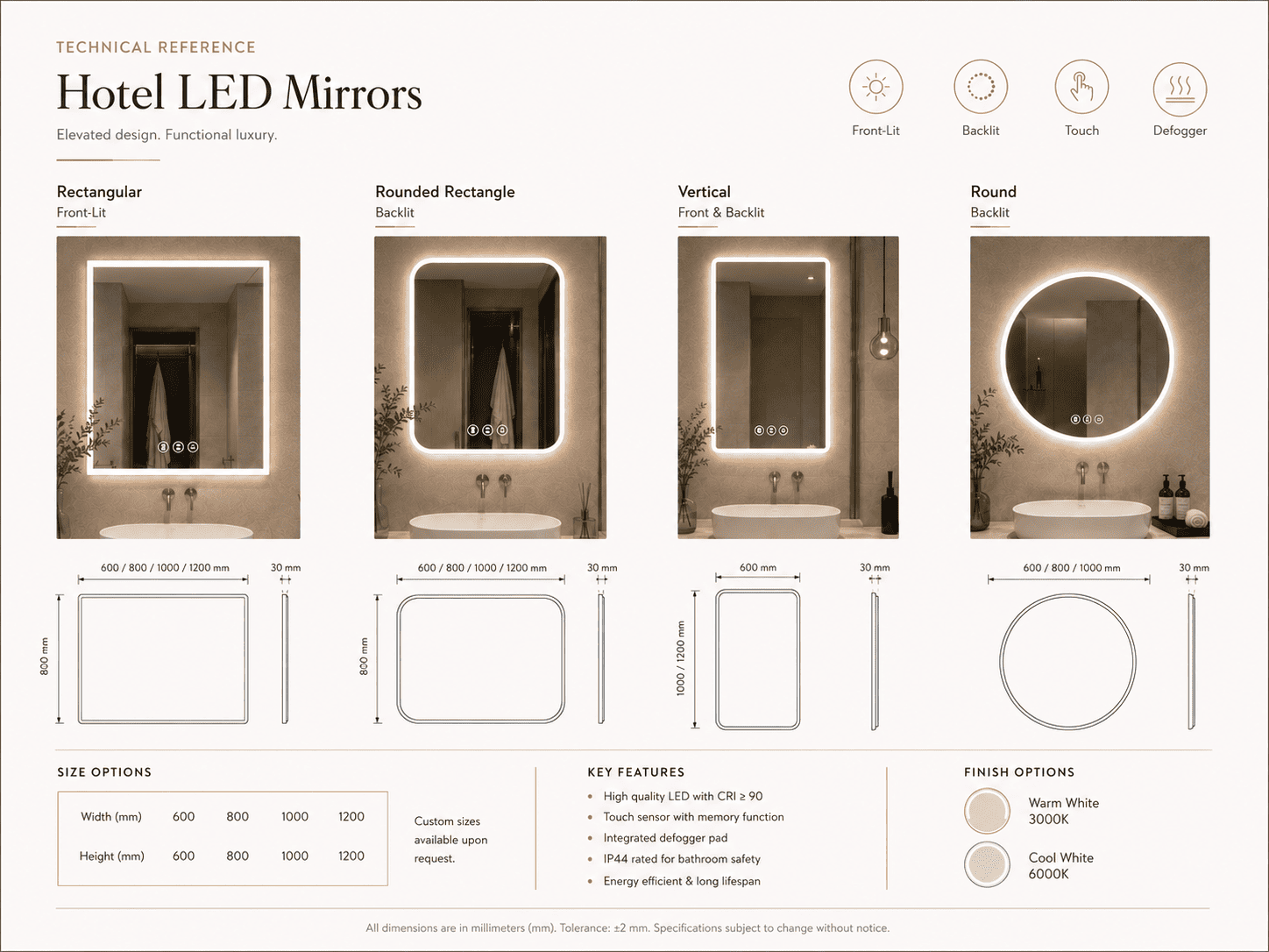 Technical reference sheet showing hotel LED mirror shapes sizes lighting options and key features
