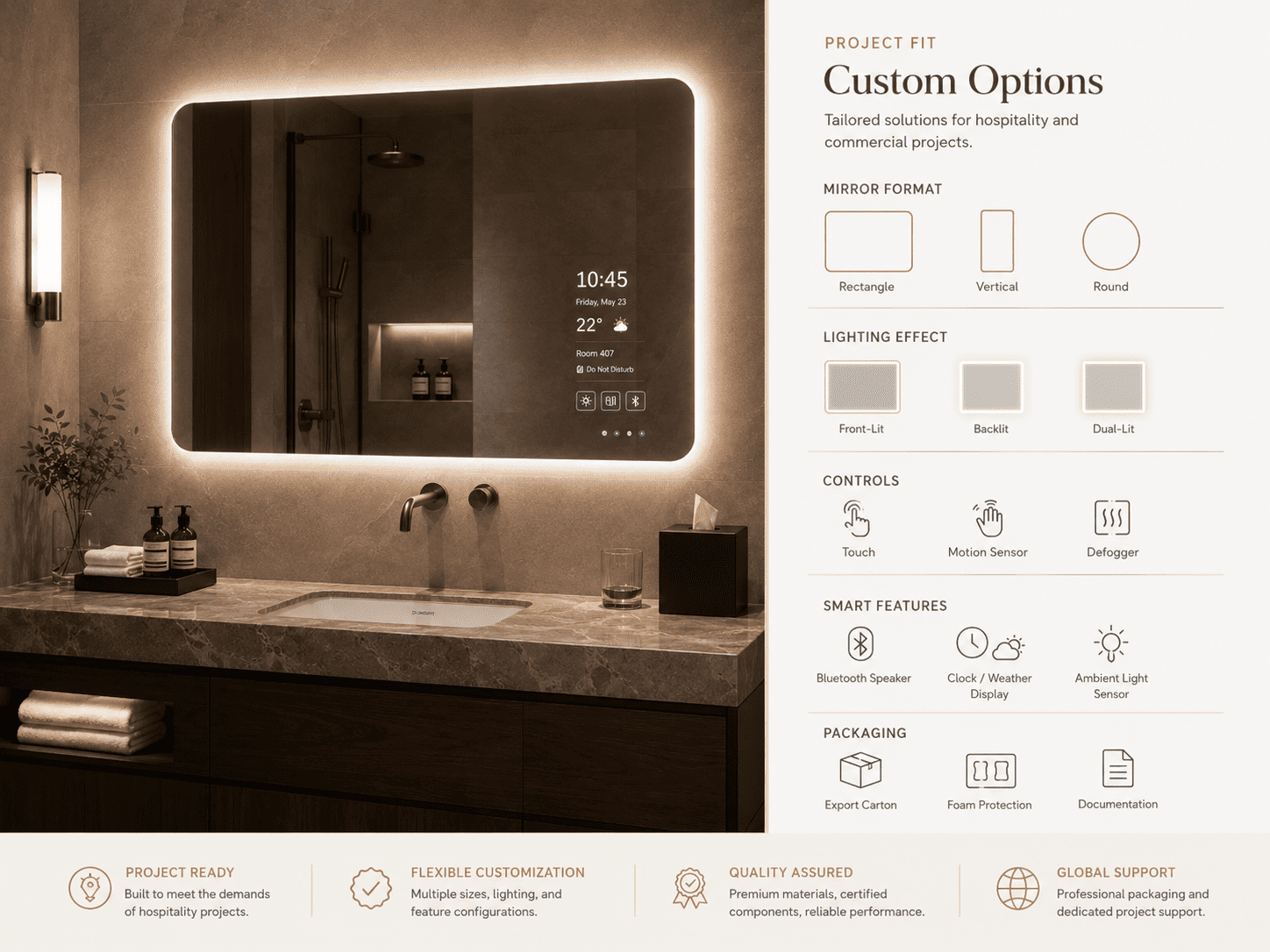 Smart LED bathroom mirror installed above a vanity showing project-fit and customization reference
