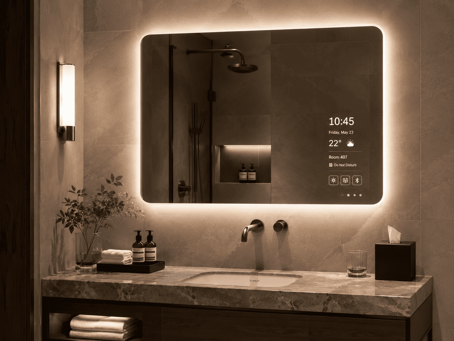 Framed smart LED bathroom mirror showing time weather light defog and Bluetooth control options