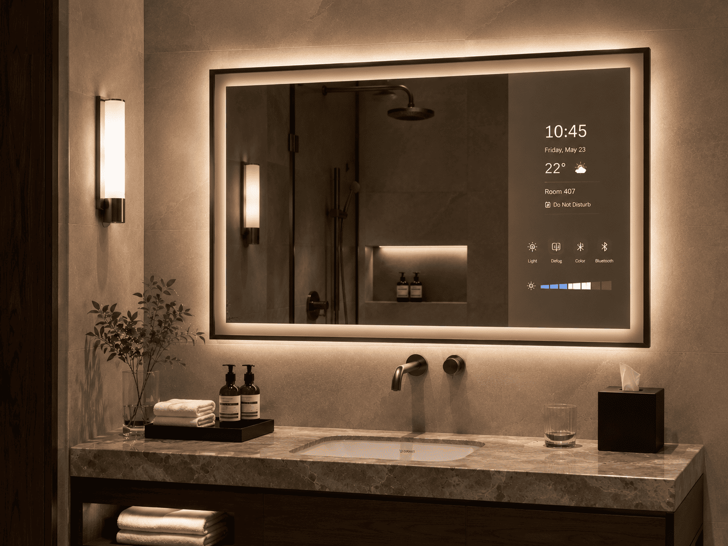 Vertical smart LED bathroom mirror with digital display and warm backlit glow for hotel bathroom projects