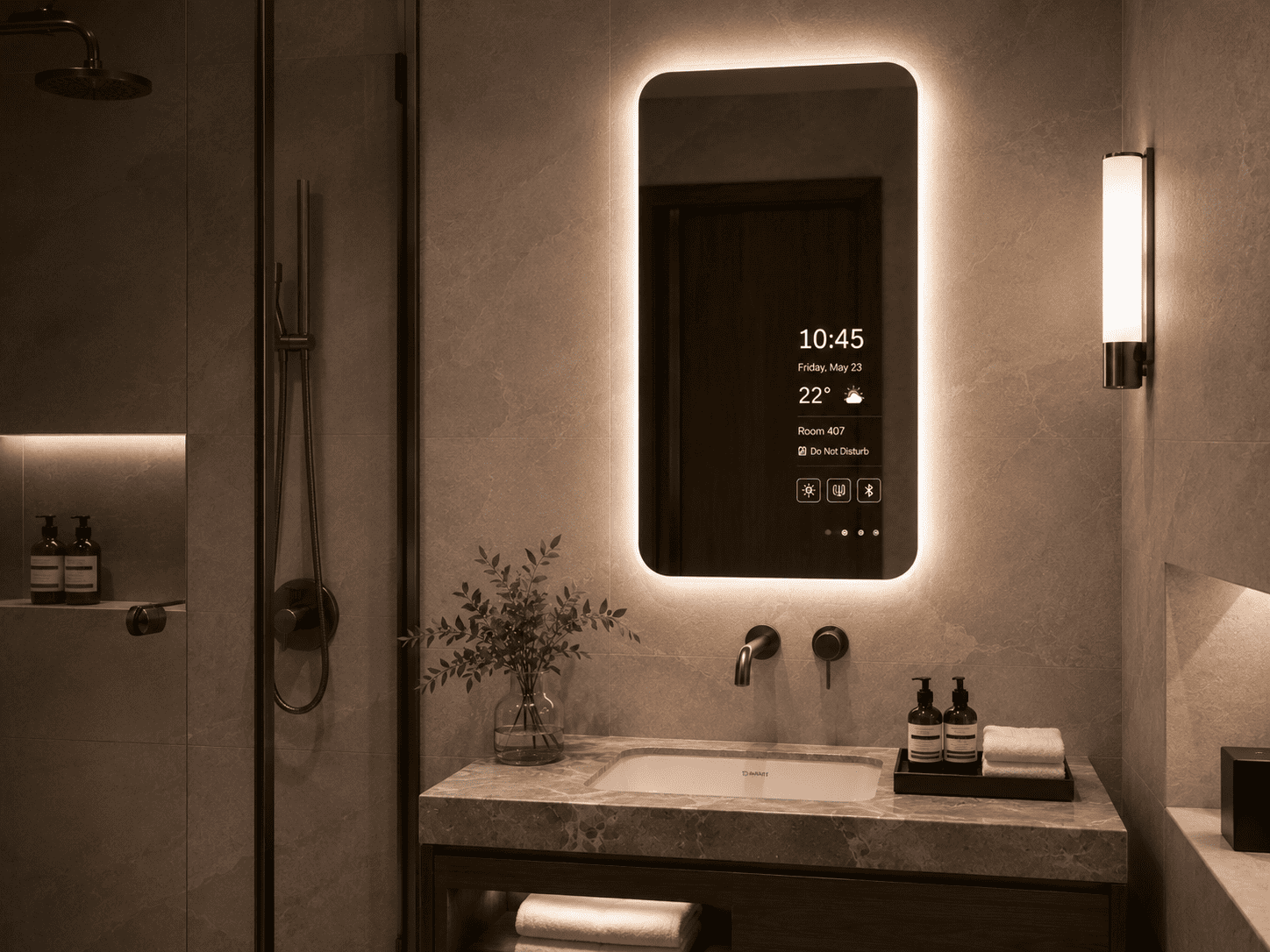 Vertical smart LED bathroom mirror with digital display and warm backlit glow for hotel bathroom projects