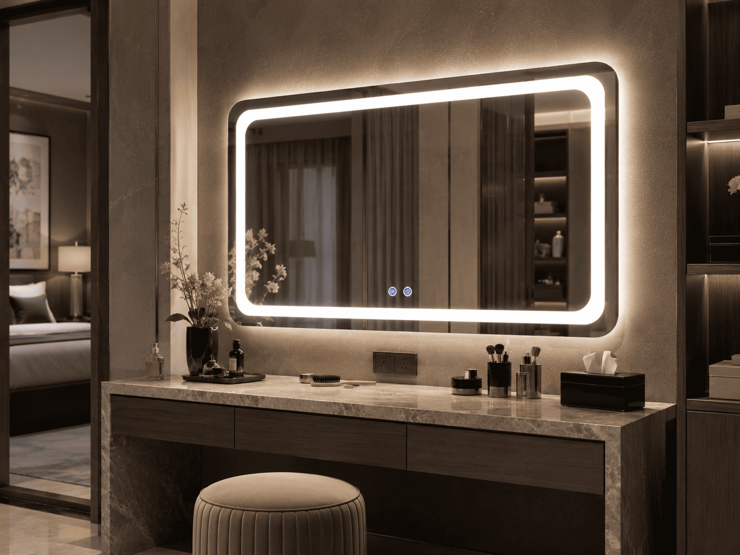 Rectangular vanity LED mirror with bright front lighting and ambient backlight for hotel styling areas