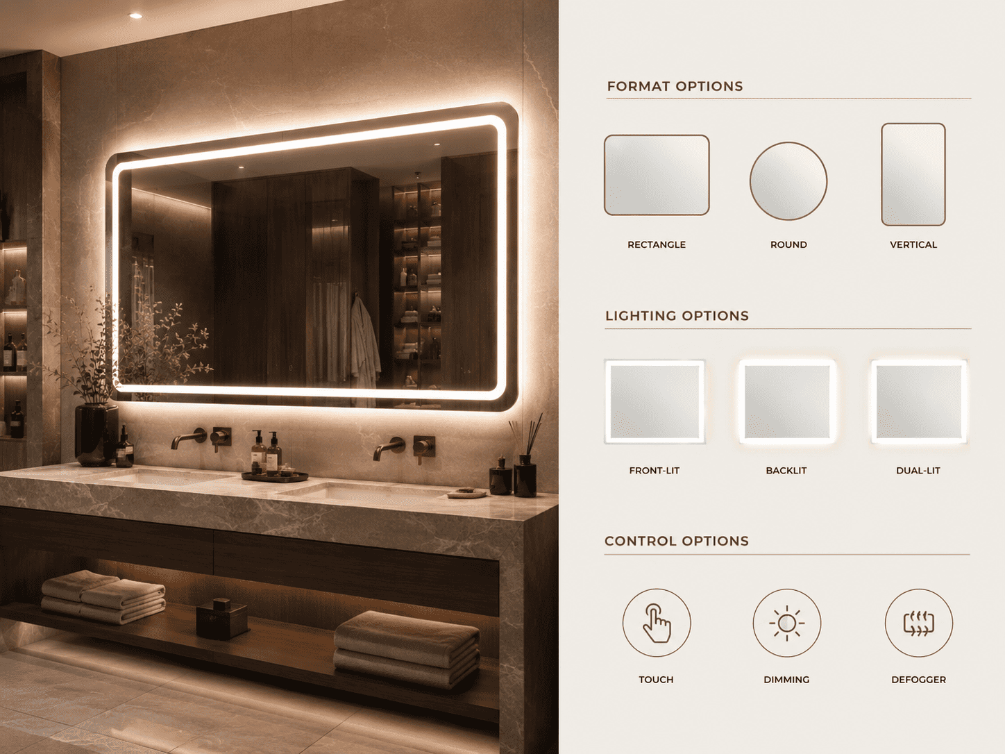 Vanity LED mirror customization guide showing format lighting and control options for B2B interior projects