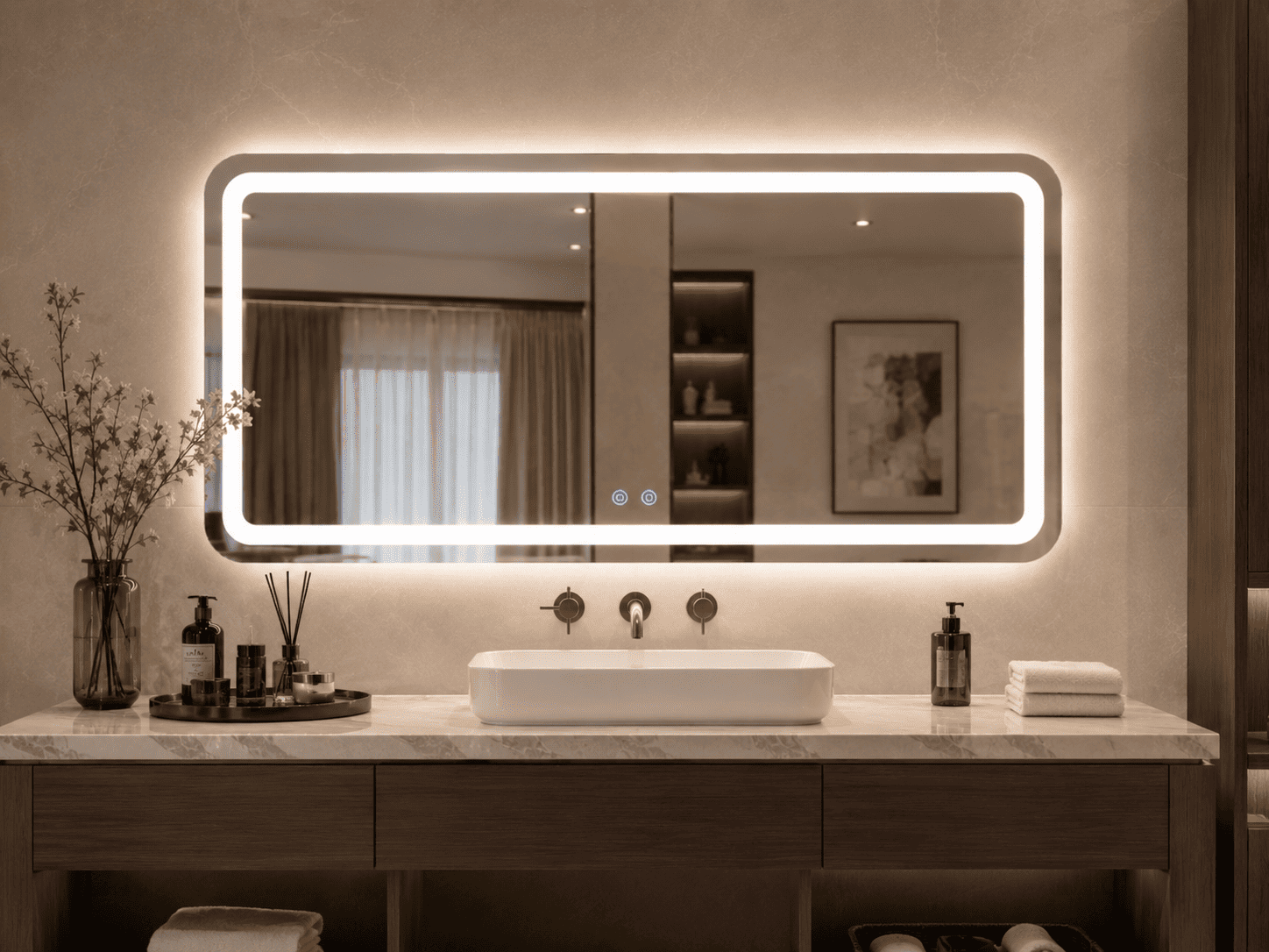 Wide rectangular vanity LED mirror above bathroom counter with even facial lighting for apartment interiors