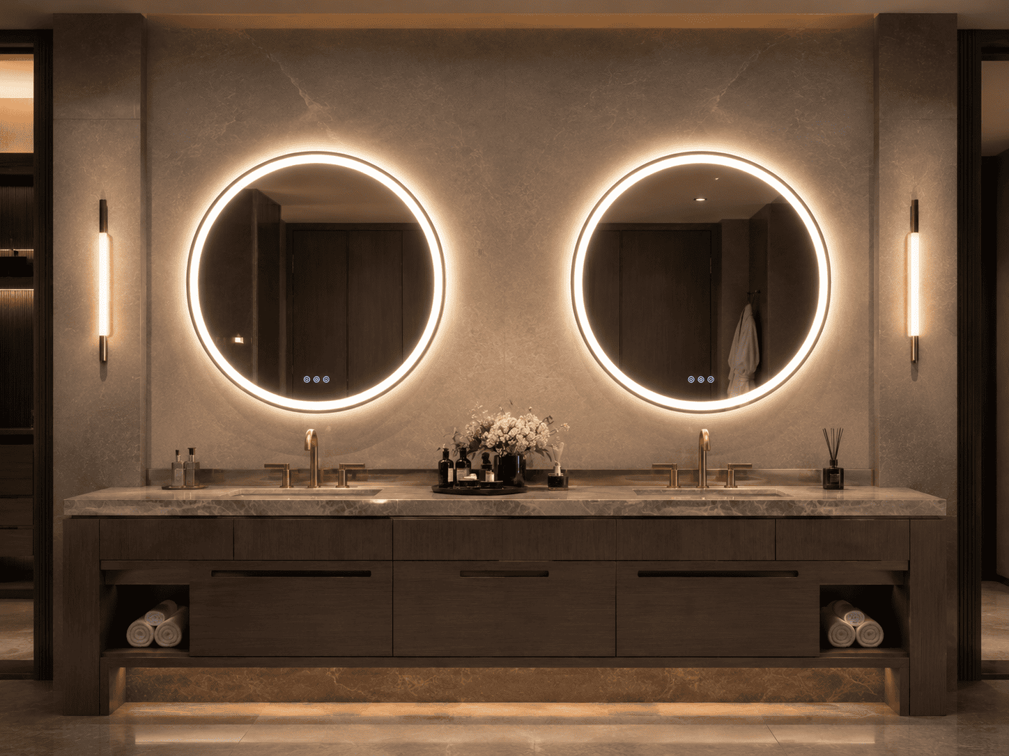 Two round vanity LED mirrors with warm lighting above double sinks in a luxury hospitality bathroom