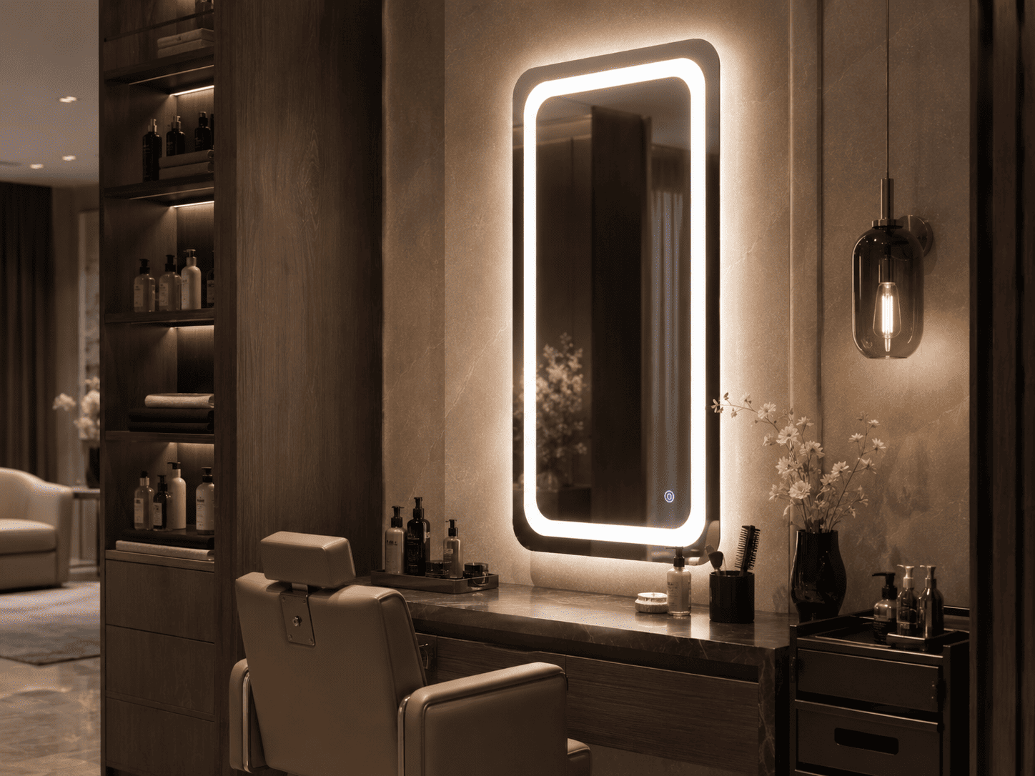 Vertical LED vanity mirror with front lighting for salon styling station and commercial interior projects