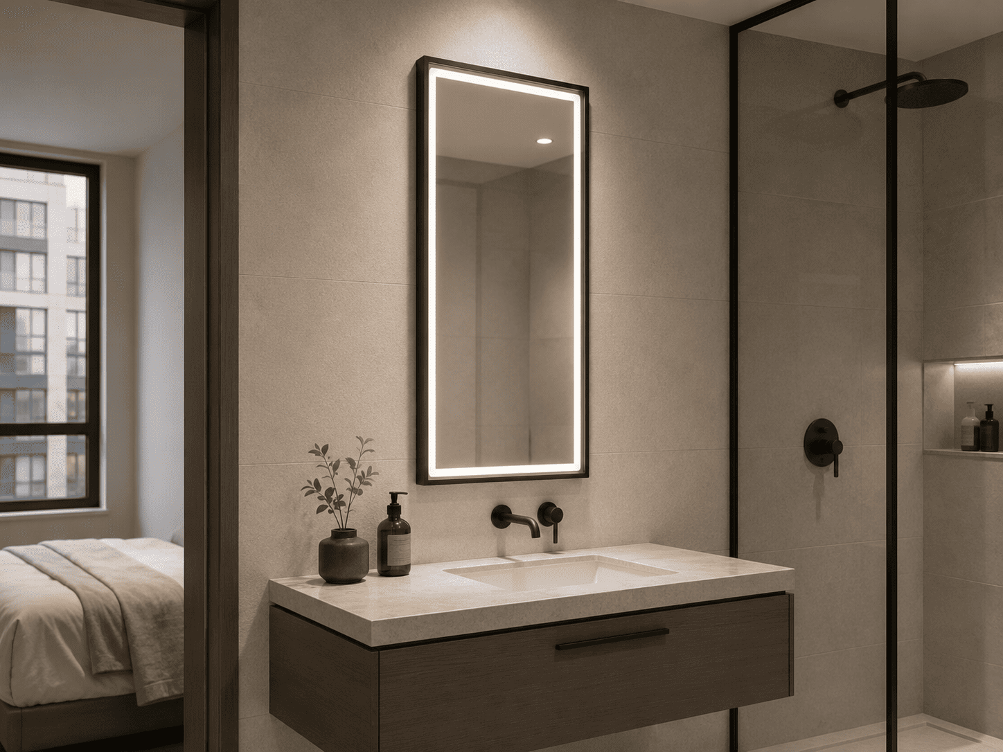 Vertical LED bathroom mirror with warm backlit illumination for apartment bathroom projects