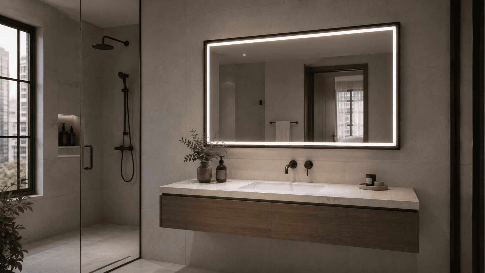Wide rectangular LED bathroom mirror with consistent backlit lighting for apartment bathroom projects
