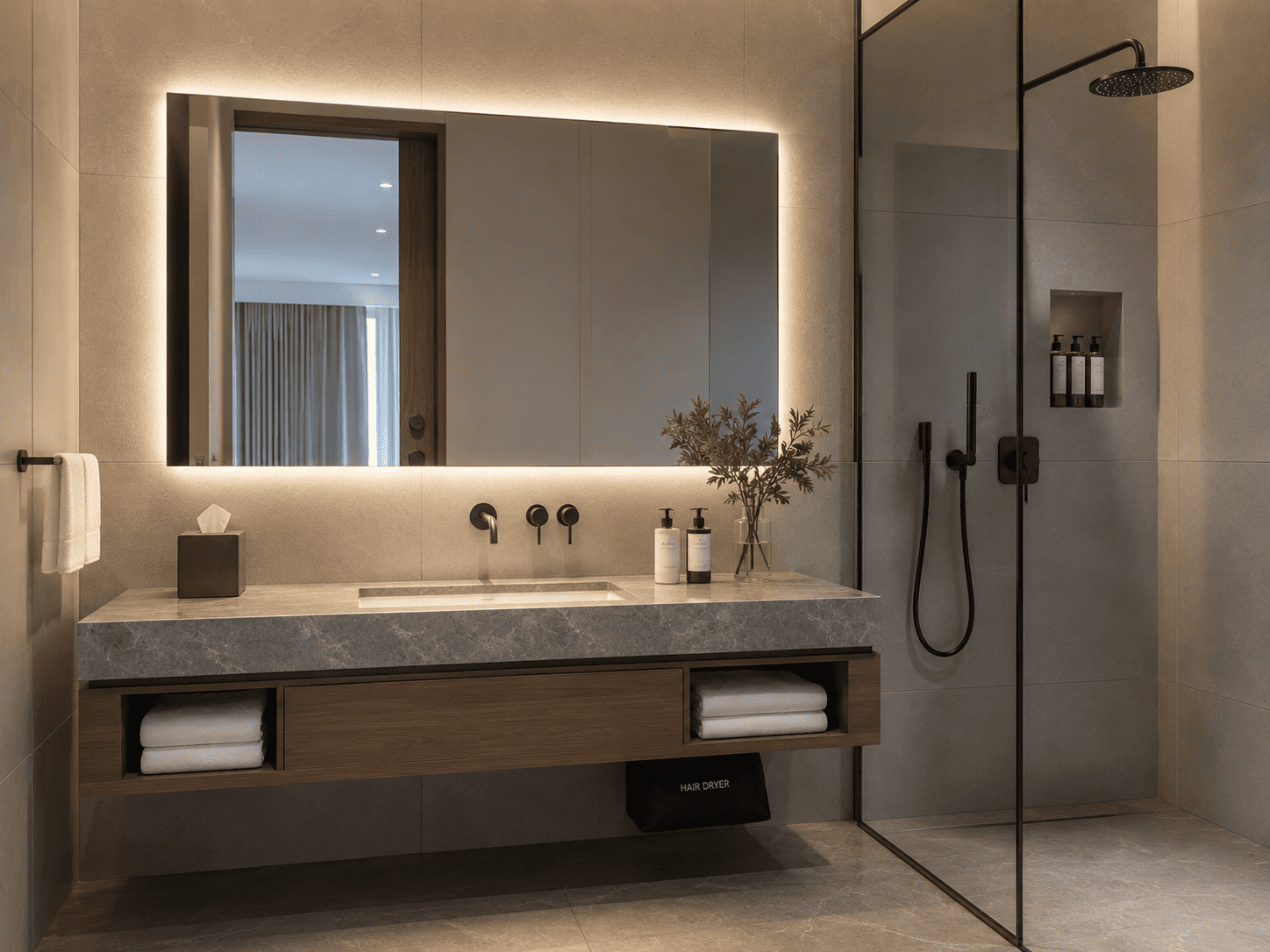 Wide backlit LED bathroom mirror in a modern hospitality guest bathroom with shower area