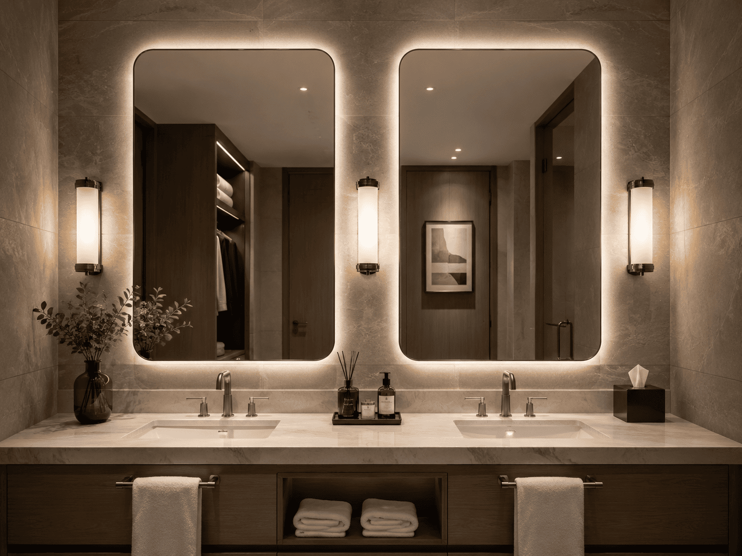 Two backlit LED bathroom mirrors above double sinks in a luxury hospitality suite bathroom