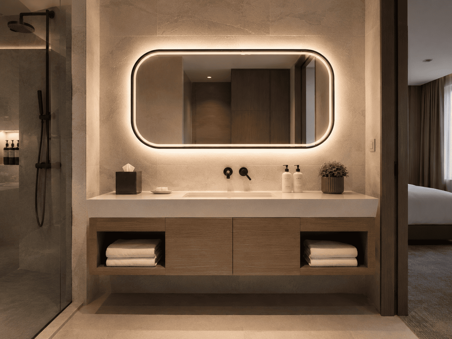 Rounded rectangular LED bathroom mirror above vanity for hotel room and guest bathroom coordination