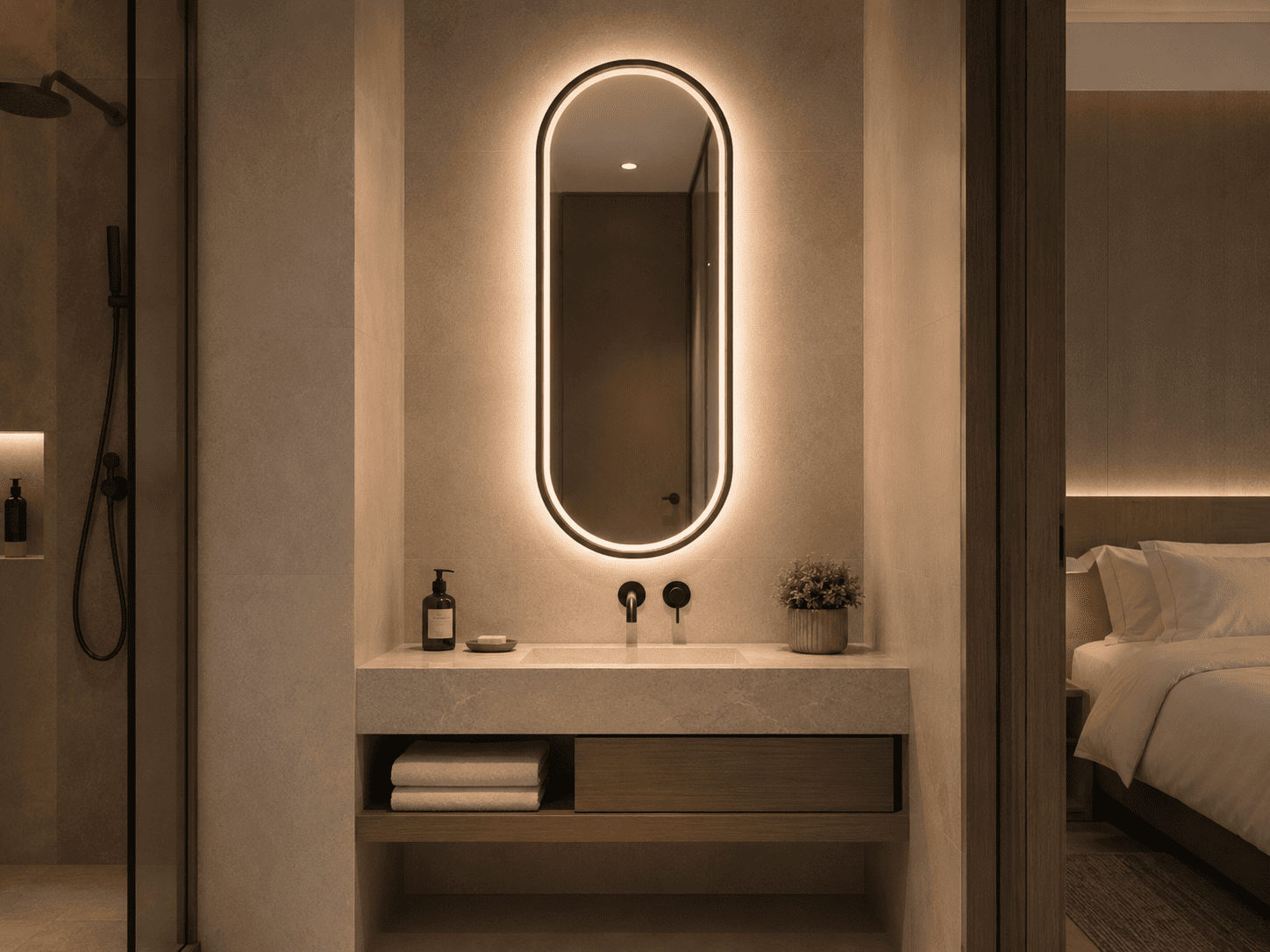 Vertical oval LED bathroom mirror with warm backlit glow for hotel room vanity wall design