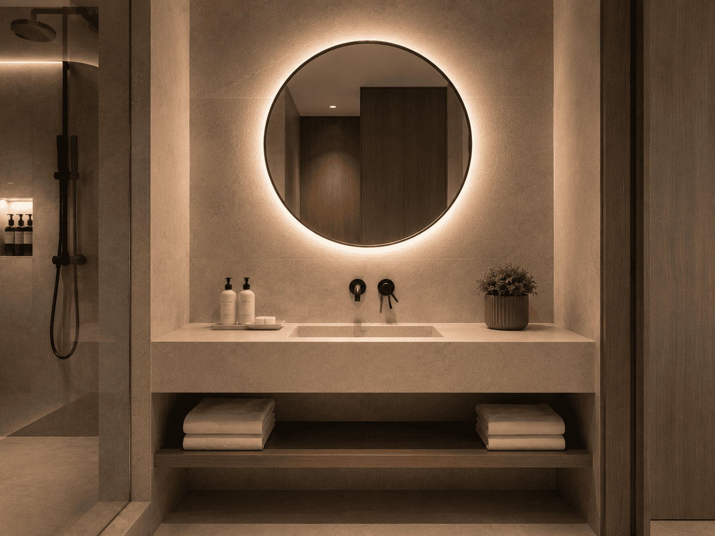 Round backlit LED bathroom mirror above vanity for hotel bathroom and hospitality interior projects