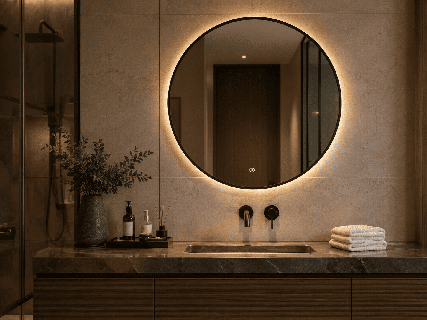 Round LED bathroom mirror with warm backlit wall glow in a luxury hotel-style bathroom