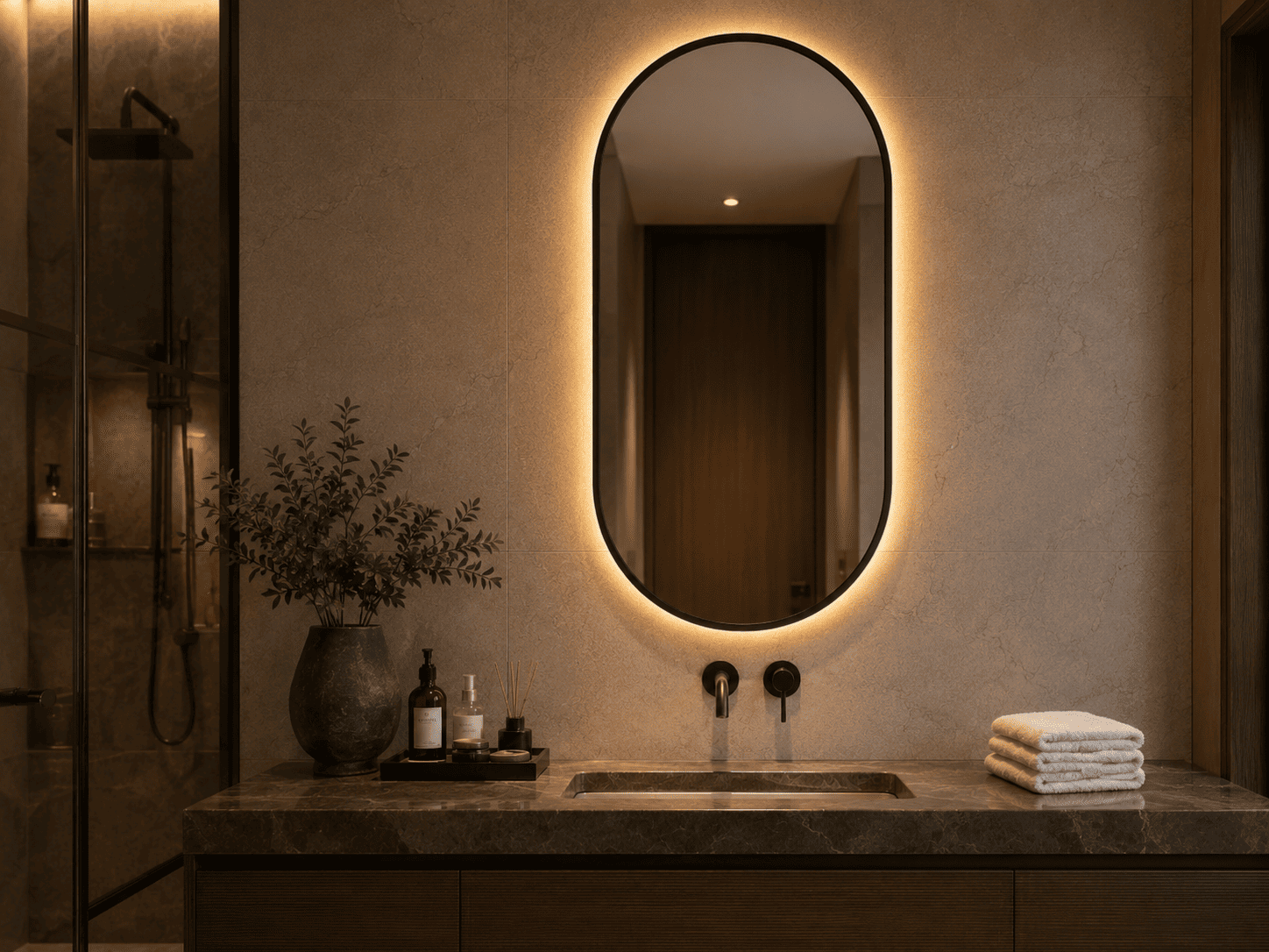 Vertical oval LED bathroom mirror with warm backlighting above a hotel bathroom vanity