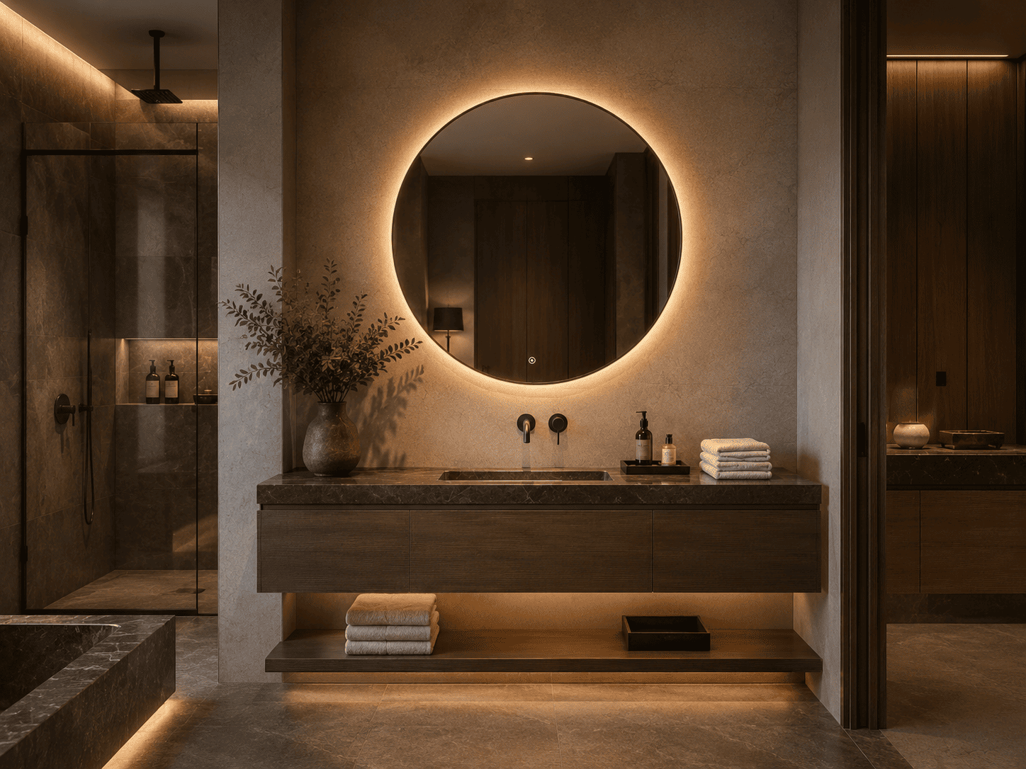 Large round LED bathroom mirror with soft ambient backlight in a premium hospitality bathroom