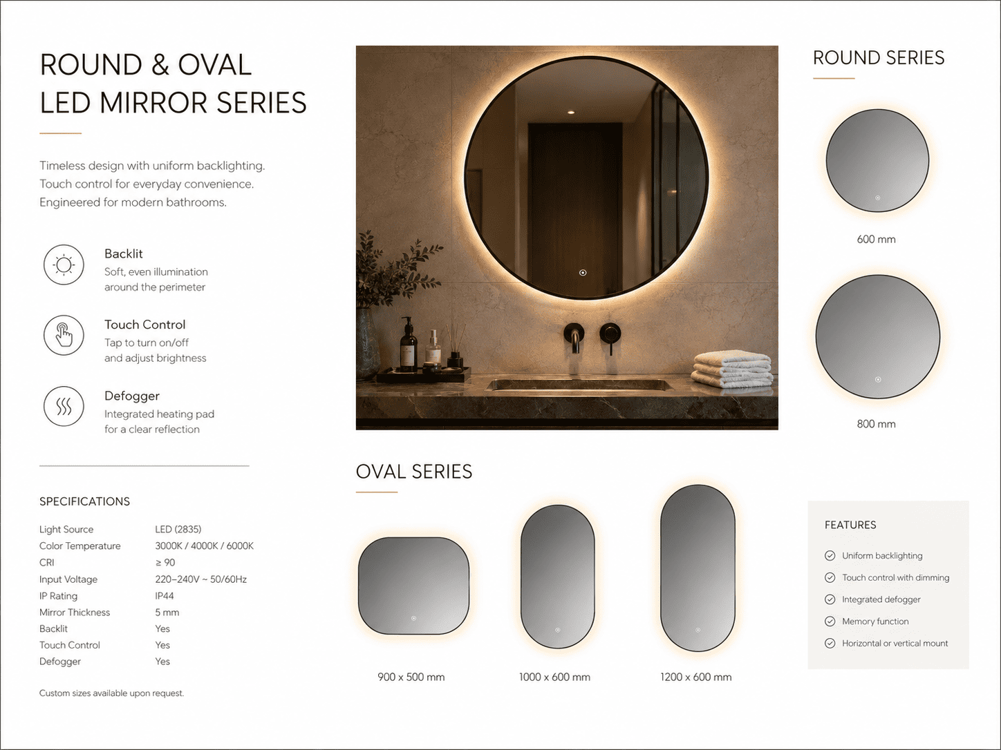 Technical reference sheet showing round and oval LED bathroom mirror sizes features and lighting options