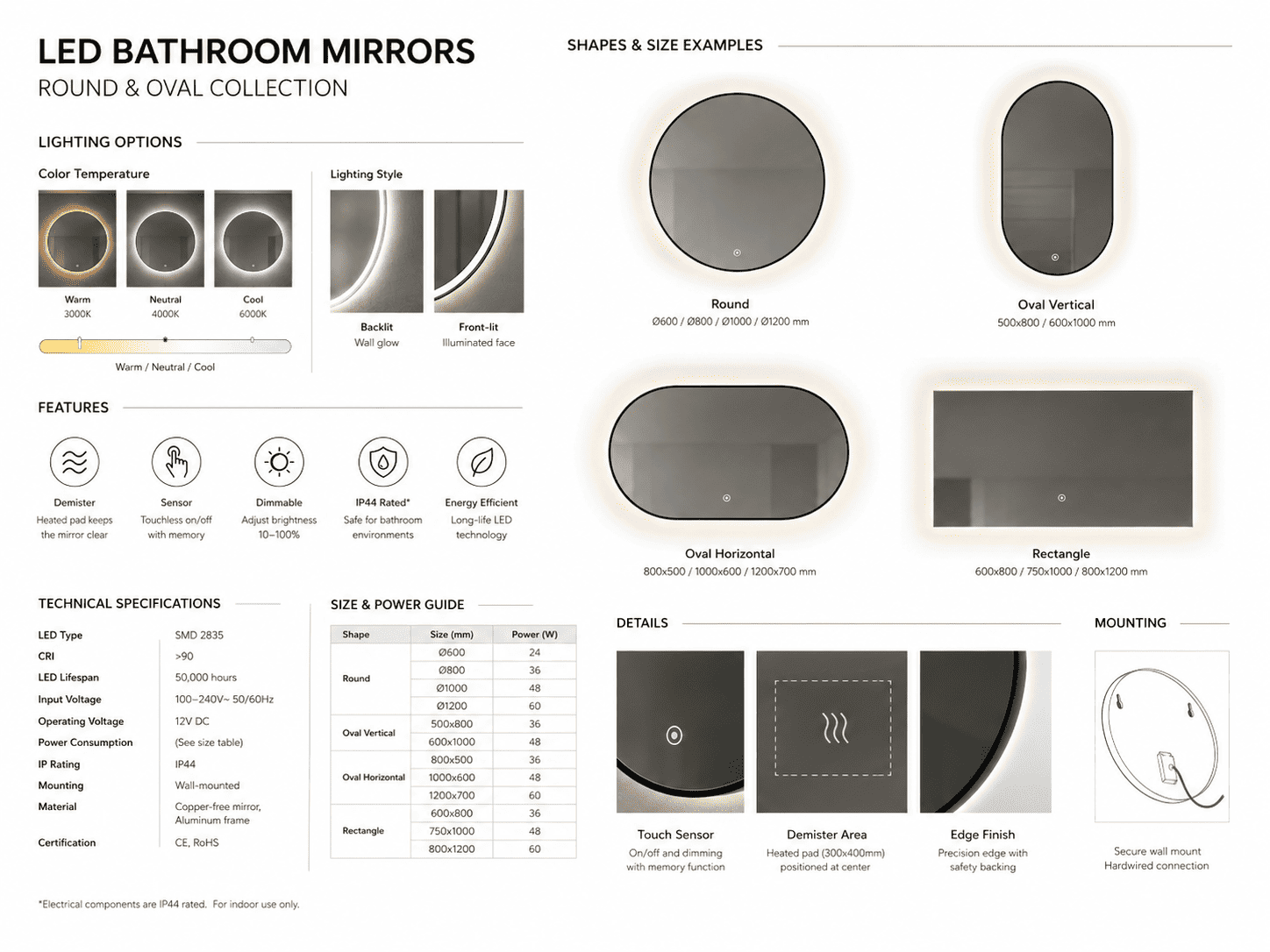 LED bathroom mirror specification guide showing round oval and rectangular shapes with lighting and mounting details