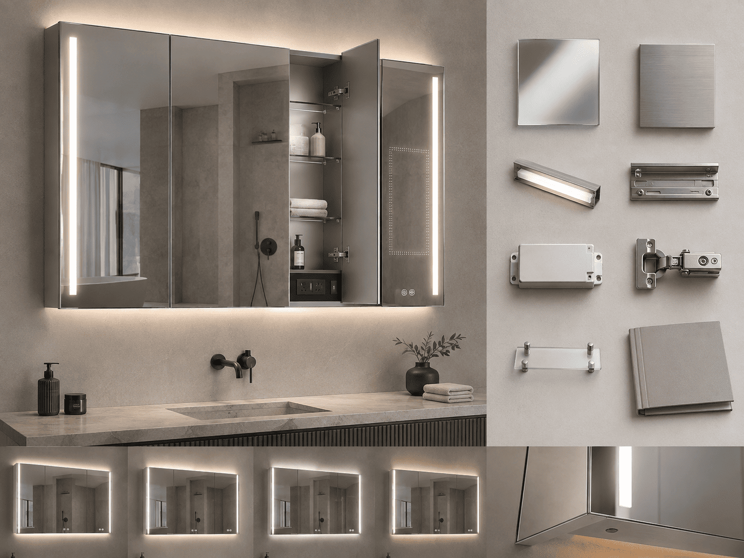 Custom illuminated bathroom mirror cabinet showing lighting, storage, hardware and project specification options.