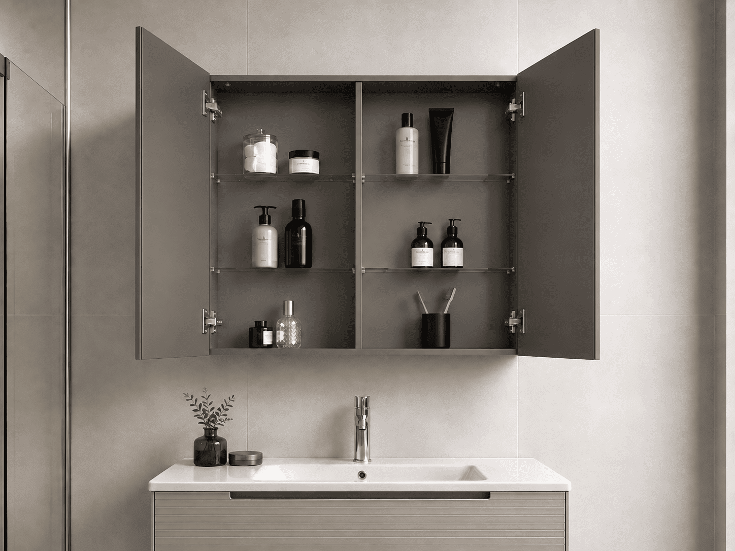 Open illuminated bathroom mirror cabinet showing adjustable shelves, internal lighting and concealed installation hardware.
