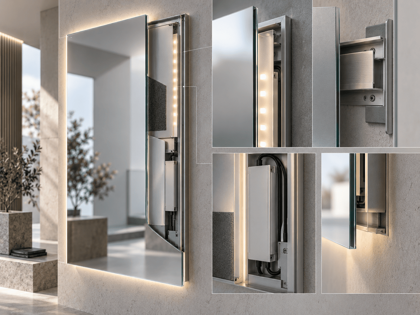 Hidden mounting and rear profile design for frameless LED mirrors