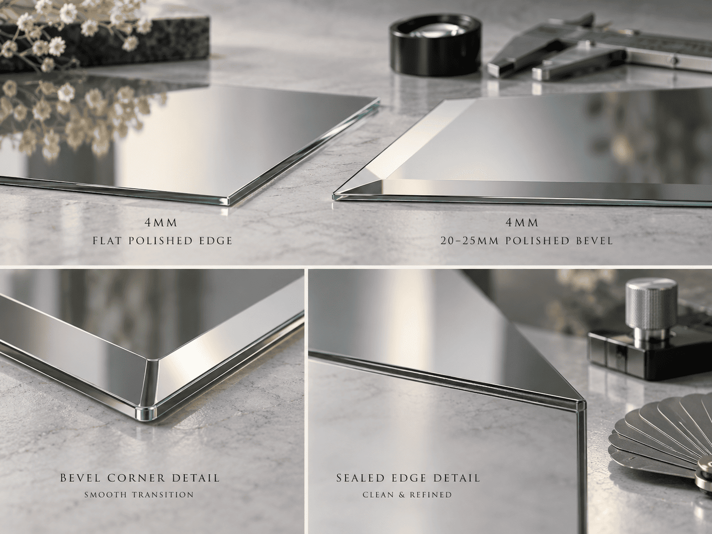Polished bevel and edge finishing for 4mm frameless LED mirrors