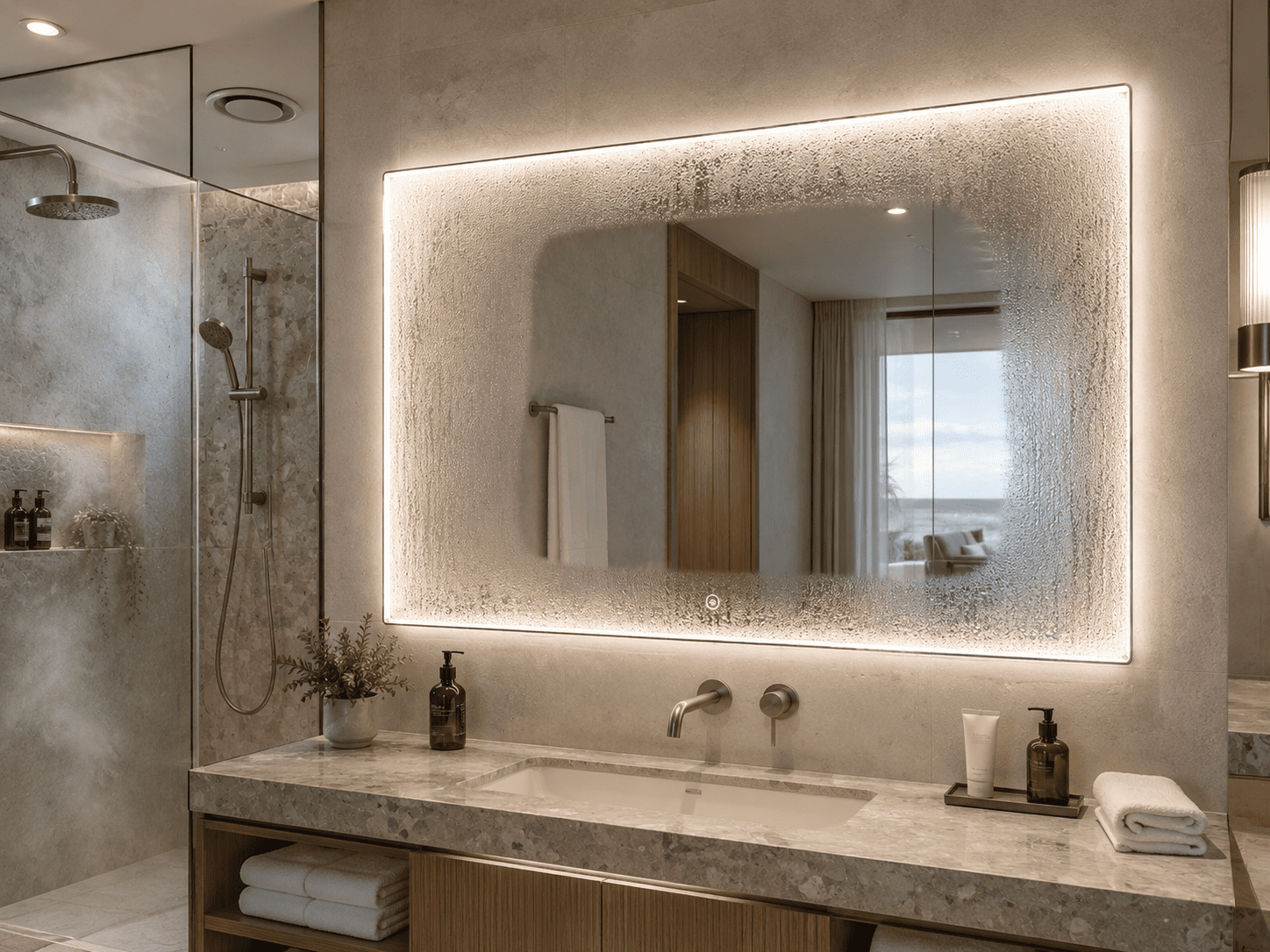 Backlit LED bathroom mirror with visible anti-fog clearing area in a hotel bathroom used for Australian humidity and demister specification review