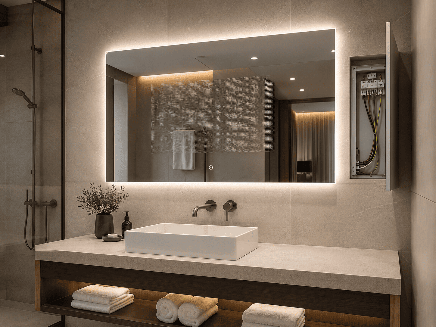 Backlit LED bathroom mirror with open service panel showing internal wiring and protection components for Australian electrical compliance review