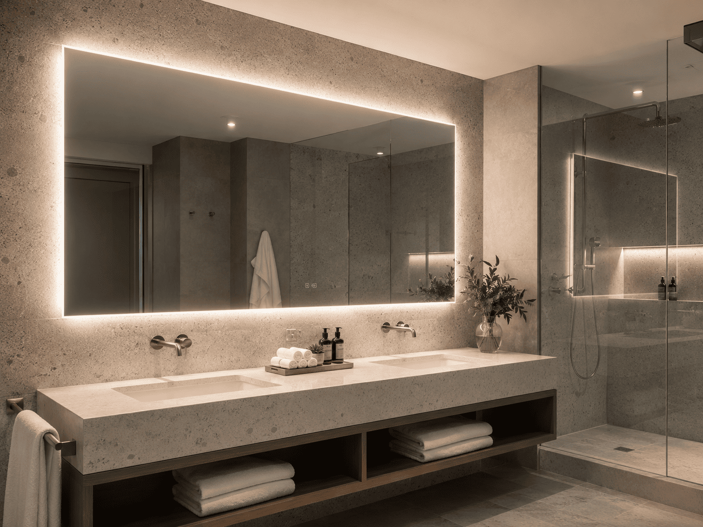 Large backlit LED bathroom mirror above a double vanity in a premium Australian hotel bathroom