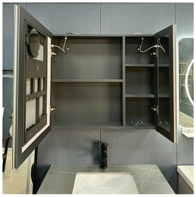 Bathroom mirror cabinet opened to show shelves, hinges and internal storage