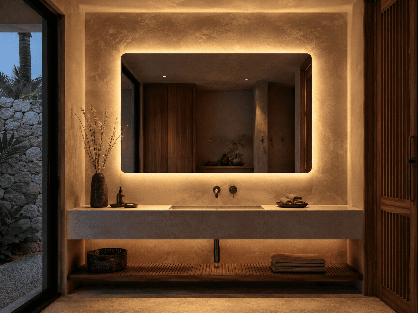 Backlit LED mirror creating a warm halo effect across a hospitality bathroom wall