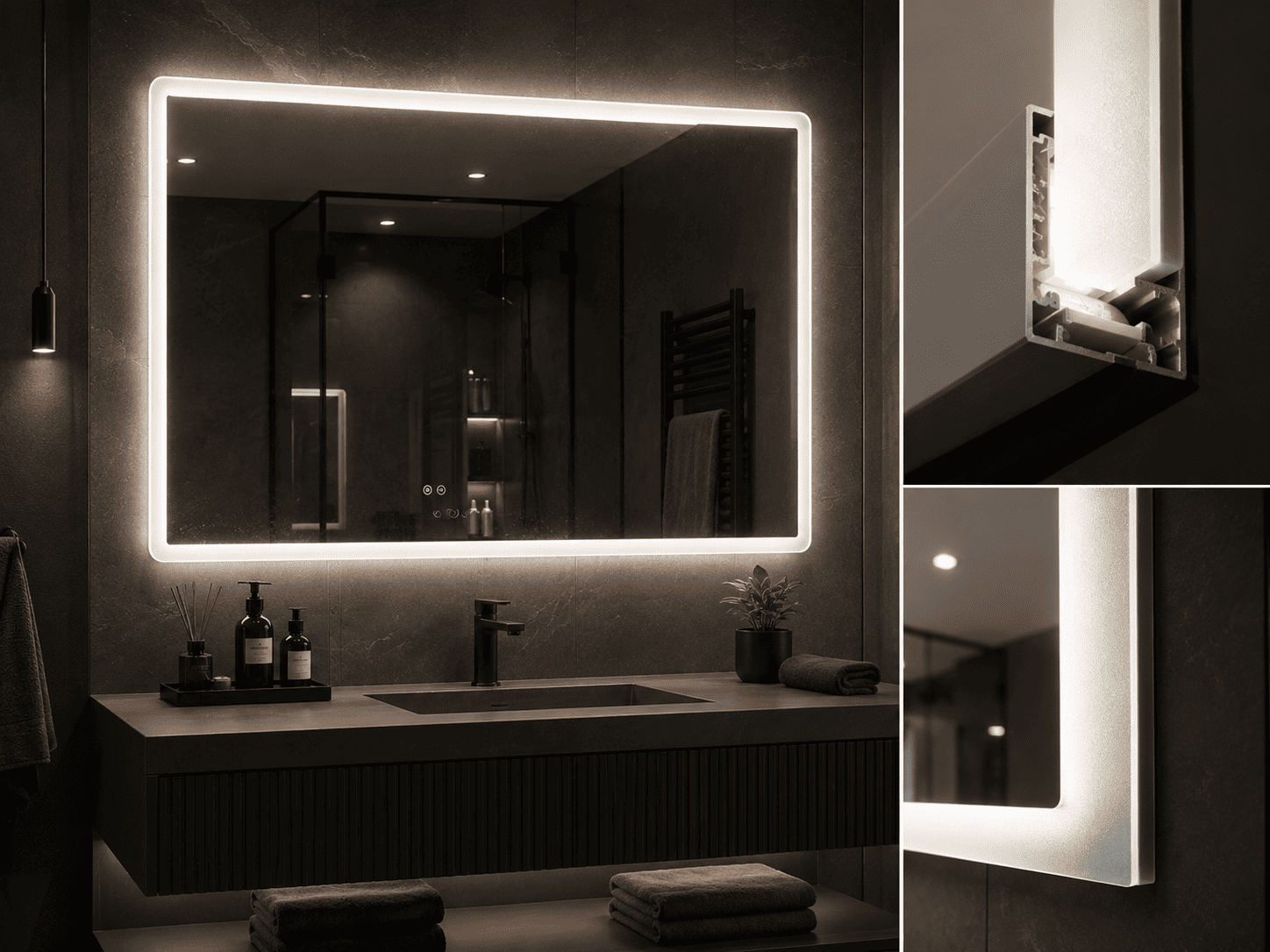 Edge-lit LED mirror with illuminated perimeter and construction detail showing the frame profile and LED strip placement