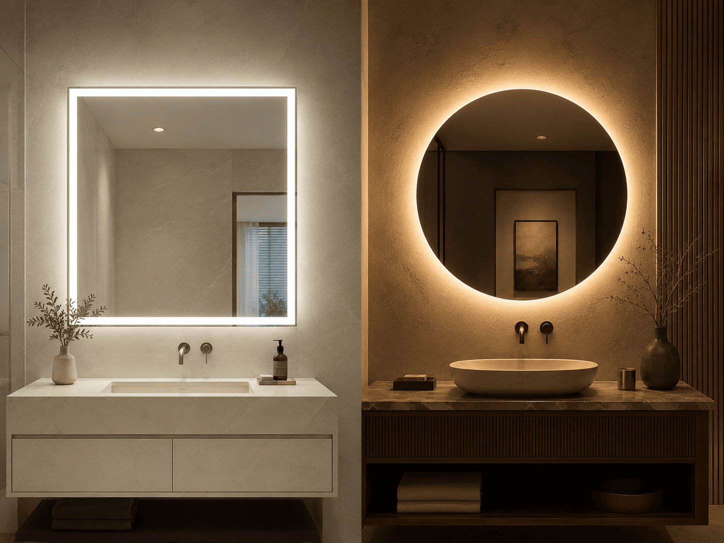 Edge-lit and backlit LED mirrors compared in two hospitality bathroom settings