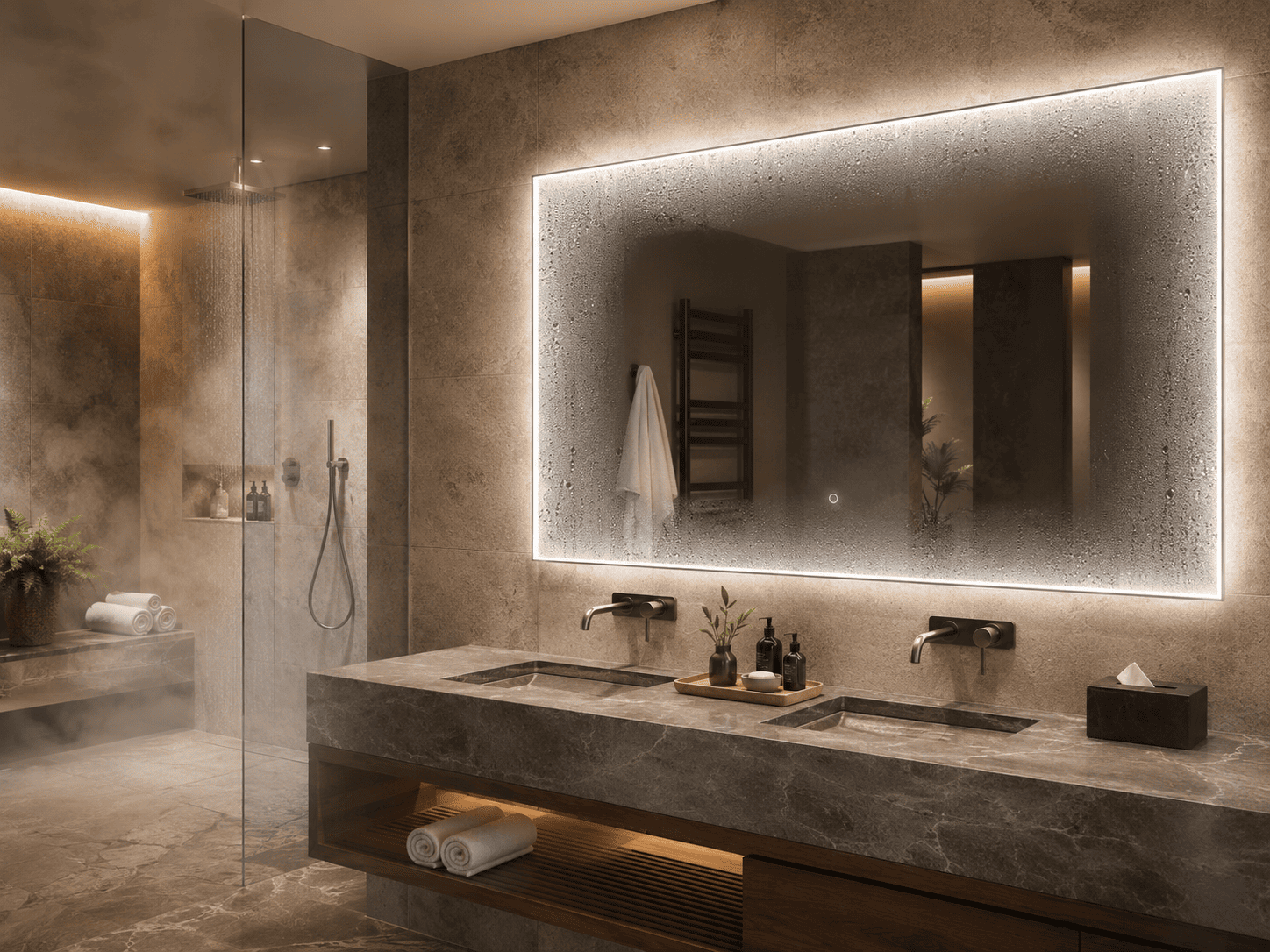 Hotel bathroom LED mirror with visible condensation and integrated anti-fog demister coverage