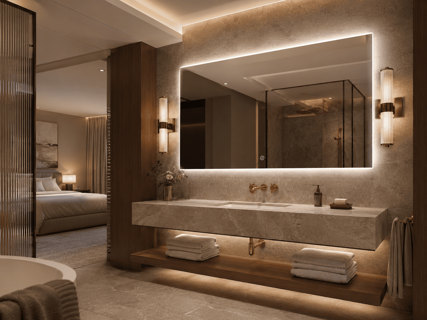 Warm-lit rectangular LED mirror installed above a hotel bathroom vanity